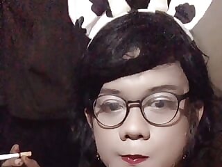 Flat chest crossdresser with..